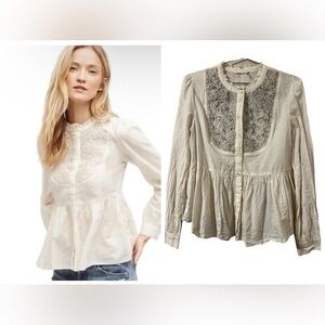 Floreat Anthropologie Blouse Women’s 8 Ivory Gold Peasant Cottagecore Dainty